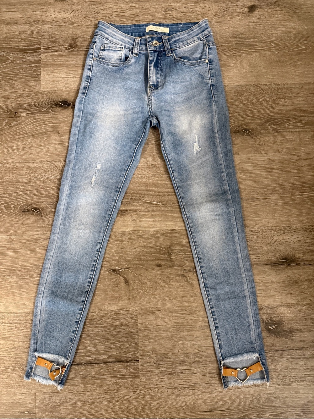 Redial Light Blue Skinny Jeans with Heart Buckle Ankle Detail